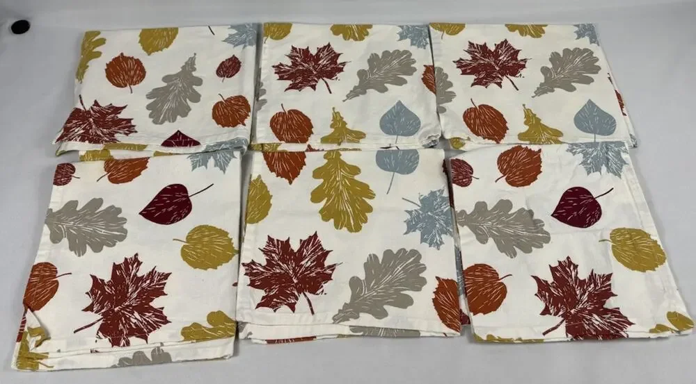 Set of 6 Multicolor Leaf Print Cloth Napkins Reusable Square Fall Autumn